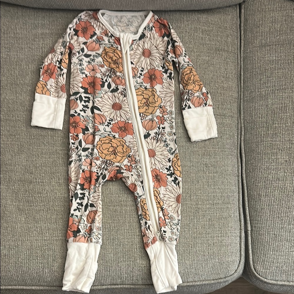 Caden Lane Orange and White Footies One Piece with Floral Design
